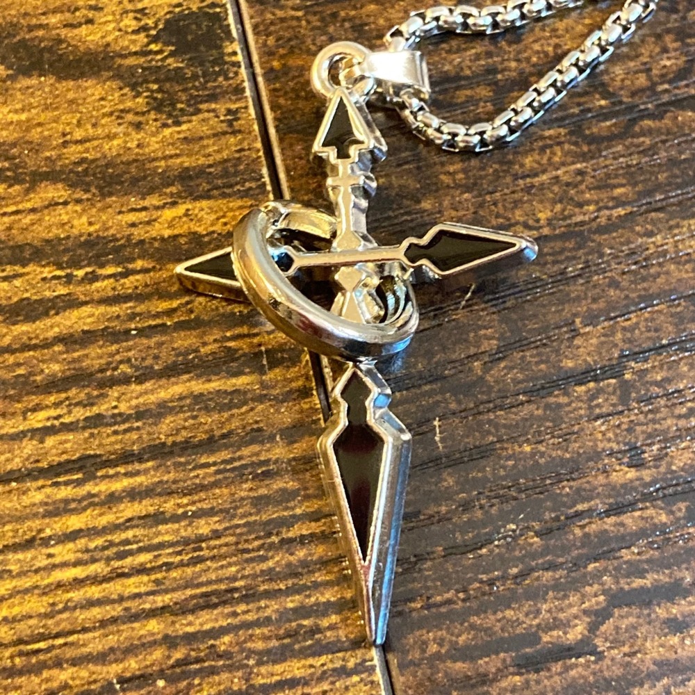 Gothic Dagger Cross Pendant Necklace Silver Black Enamel Box Chain 24 Inch